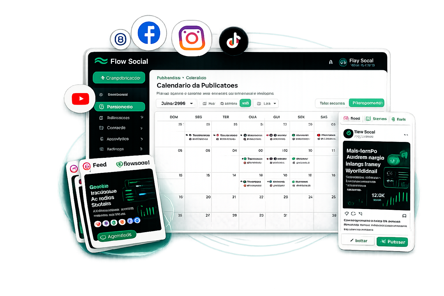Painel do Flow Social: calendário de publicações, feed e stories agendados